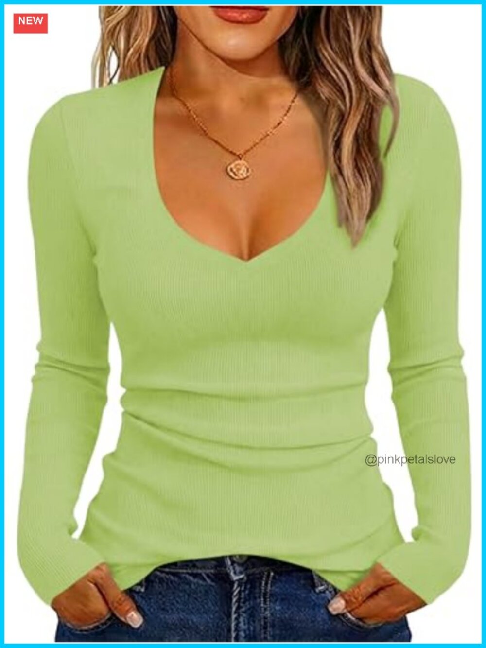 Women's Long Sleeve V-Neck Ribbed Knit Slim Fit Top
